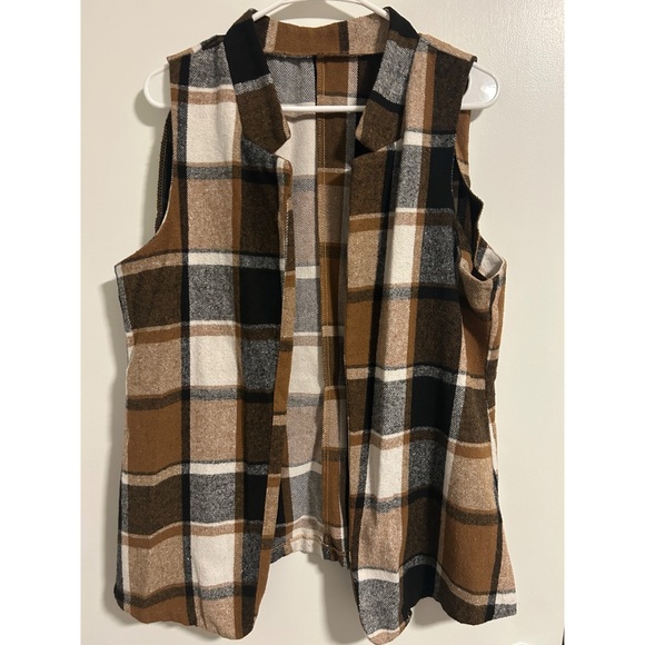 SHEIN Plaid Open Front Cardigan - Black, White, Brown - Picture 2 of 5
